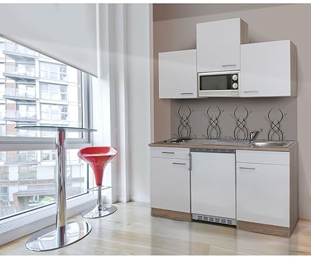 respekta Single Mini Küche Küchenzeile Küchenblock 150 cm Eiche sägerau weiss APL Eiche sägerau Nachbildung Mikrowelle KB 150