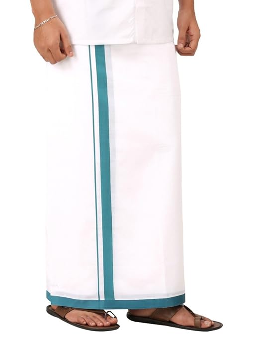 Men's Cotton Silk Fancy Border Double Dhoti (Blue, Free Size)