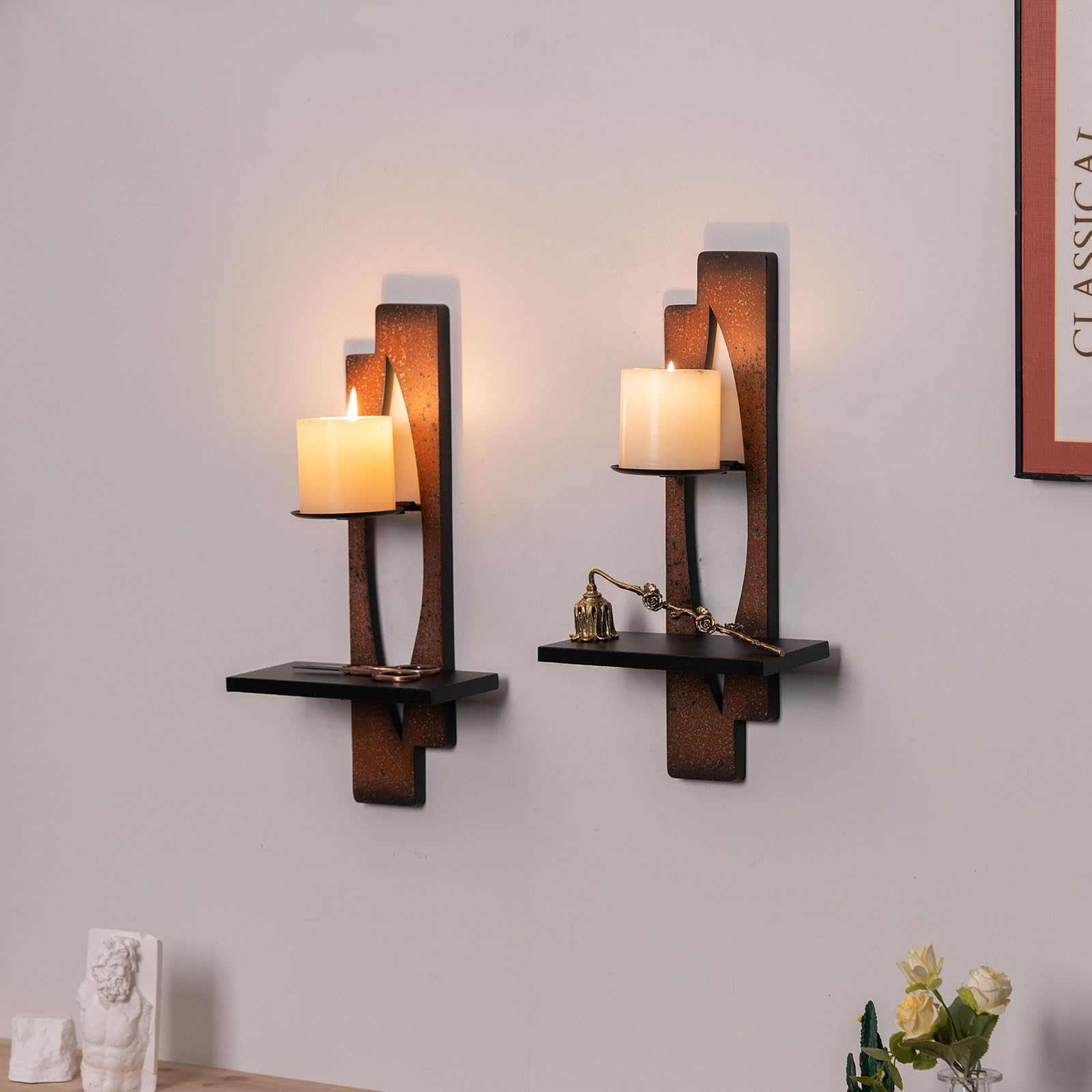 Photo 1 of AIM & GGKK Wall Candle Sconce Holder,Set of 2 Rustic Wall Candle Sconce, Metal Double Shelf Design, Copper Brown Finish,for Living Room, Dining Room,Rustic Farmhouse Decorations