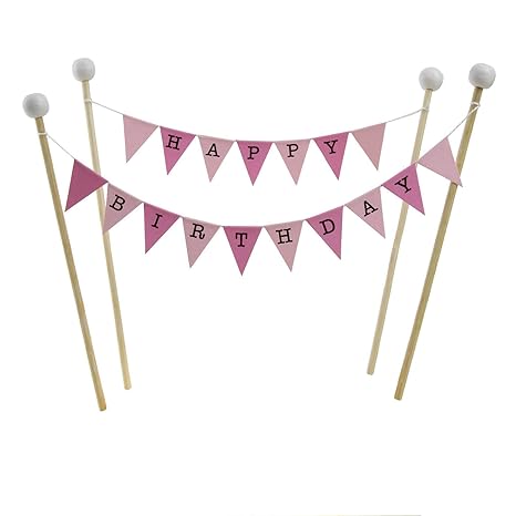 amazing buntings Geburtstagskuchen Dekoration, Rosa Pastell, Kleine Fahnen, 4 Bambus Sticks mit Holzperlen