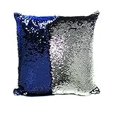 OJIA Stylish Sequin Mermaid Throw Pillow Cover with Magical Color Changing Reversible Paillette Design Faux Suede Decor Cushion Pillowcase 16 X 16 Inch (Blue and White)