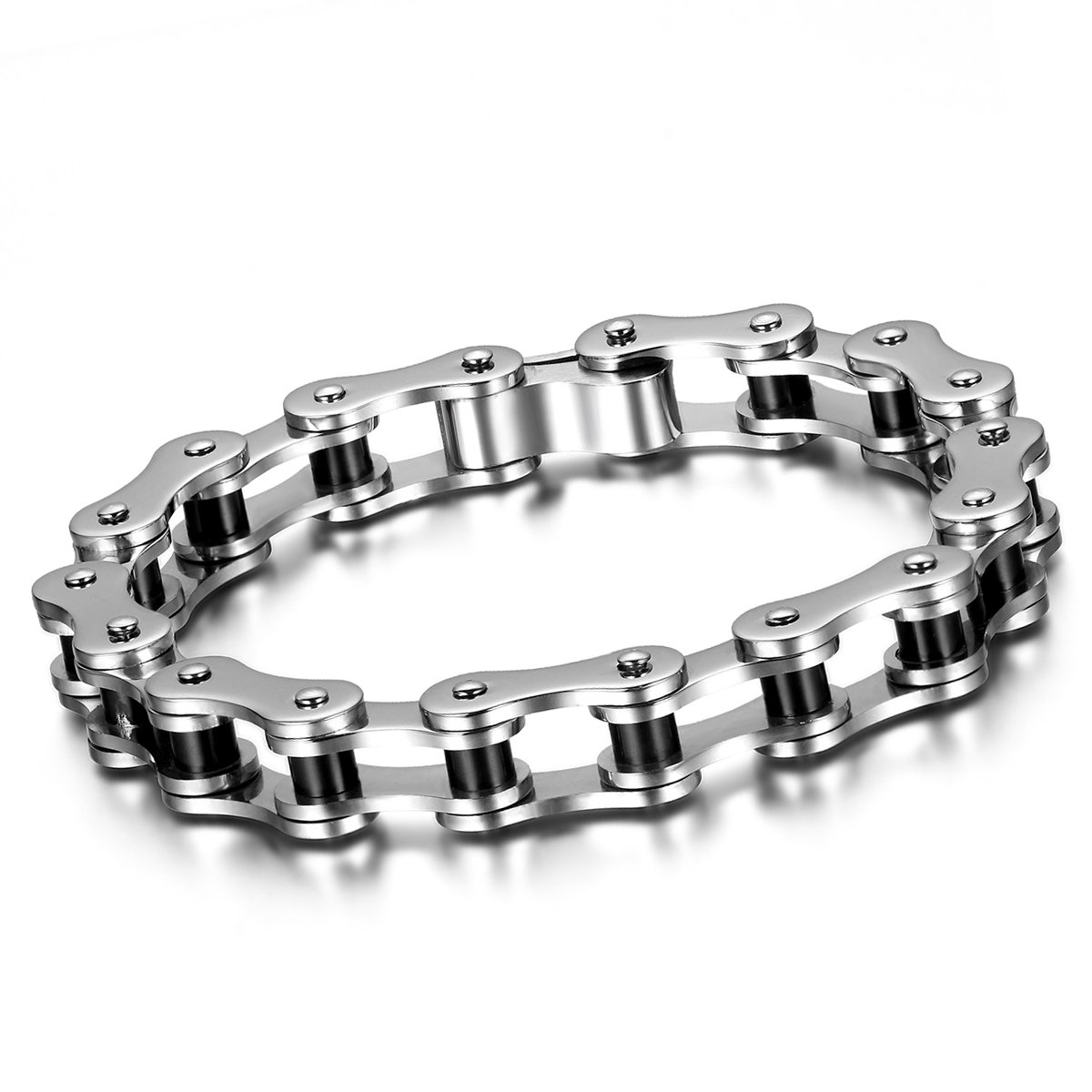 Cupimatch Motorcycle Biker Chain Bracelet Punk Rock Link Wristband for Men Cool Silver Stainless Steel 8.5" (Black) for Fathers Day