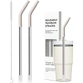 Metal Straws With Silicone Tip For Stanley Adventure Quencher H2.0 Tumbler 14 oz 20 oz,Short Straw Replacement Stainless Steel Straws Reusable For STANLEY Cups 14oz,20 oz, Dishwasher Safe(Cream Gray)