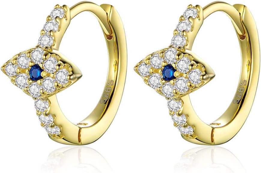 Blue Crystal Evil Eye Tiny Round Hoop Earrings Sterling Silver 14k Gold Plated Dainty CZ Small Cartilage Huggie Endless Hoops for Women Girls