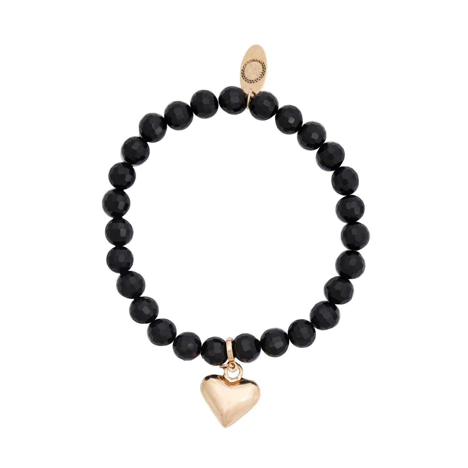 Caramel Jewellery London Heart Charm Bead Bracelet 18ct Gold Plated Crystal Effect Black Glass Elasticated Bracelet Comfortable Love Feminine Bracelet for Women Ladies Girls 7.5cm Diameter