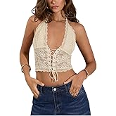 SOLY HUX Women's Sexy Lace Sheer Corset Top Halter Neck Tie Up Backless Crop Tops Party Rave Outfits