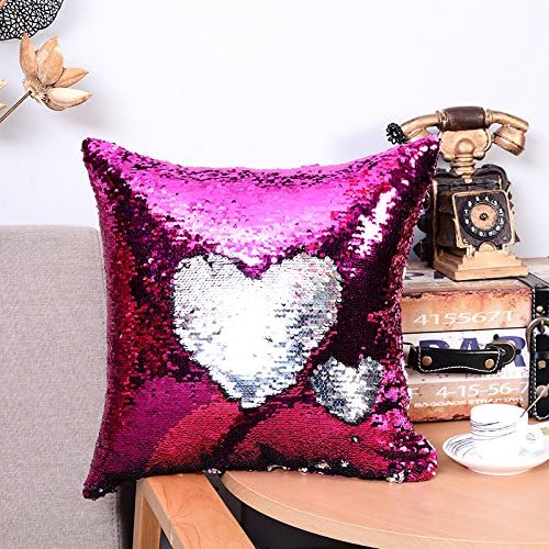 Houtemy Reversible Sequins Mermaid Pillow Case DIY 2 Colors Changing Magic Paillette Design Faux Suede Decor Cushion Cover Solid Sparkly Sofa Throw Pillowslip 16”x16” - Rose Pink and Silver