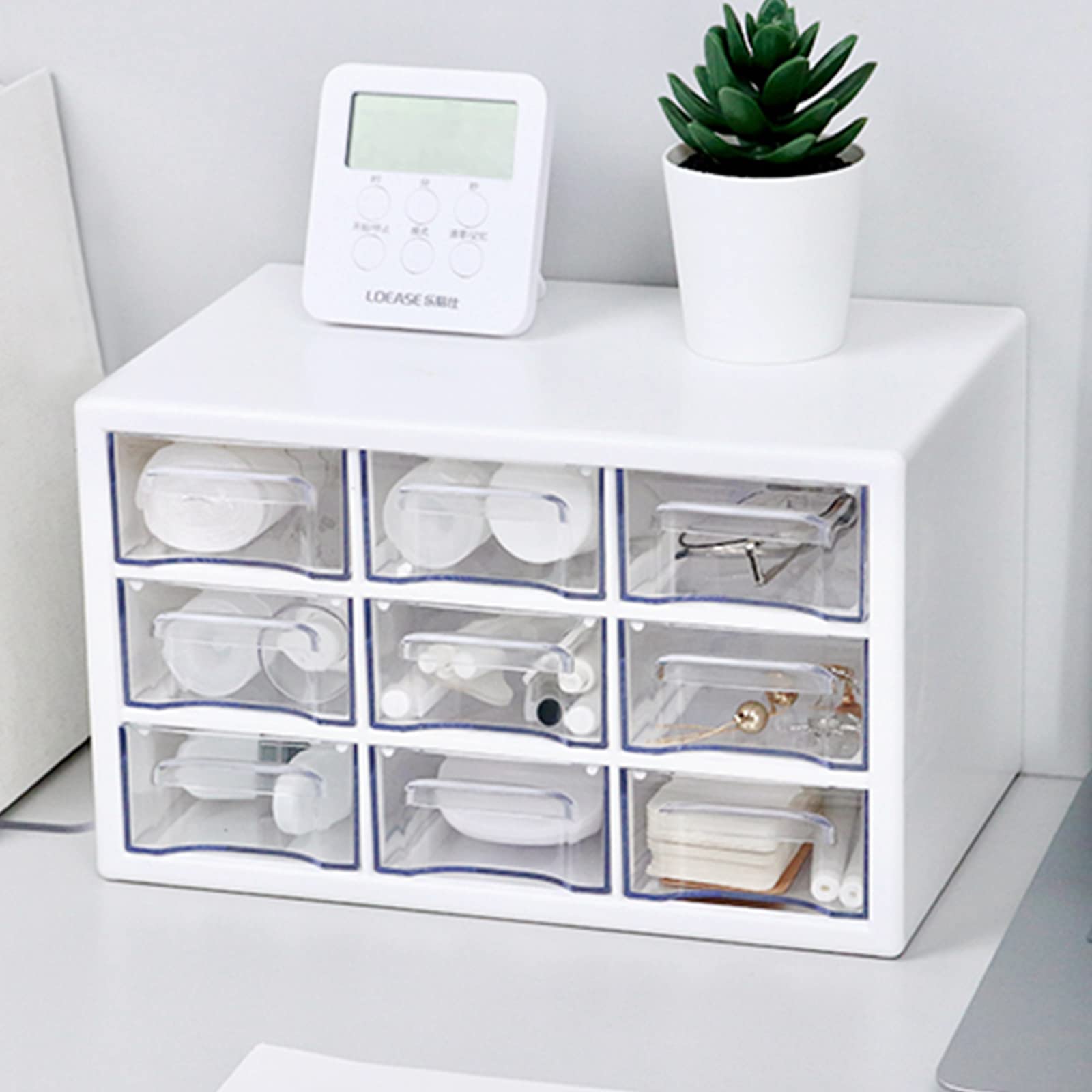 JOENCOST Desk Storage Organizer with 9 Drawers, Clear Plastic Storage Cabinet, Stackable Desk Storage Box for Makeup Office Craft Hardware Art Supplies,9.8x6.3x5.9inch(White)