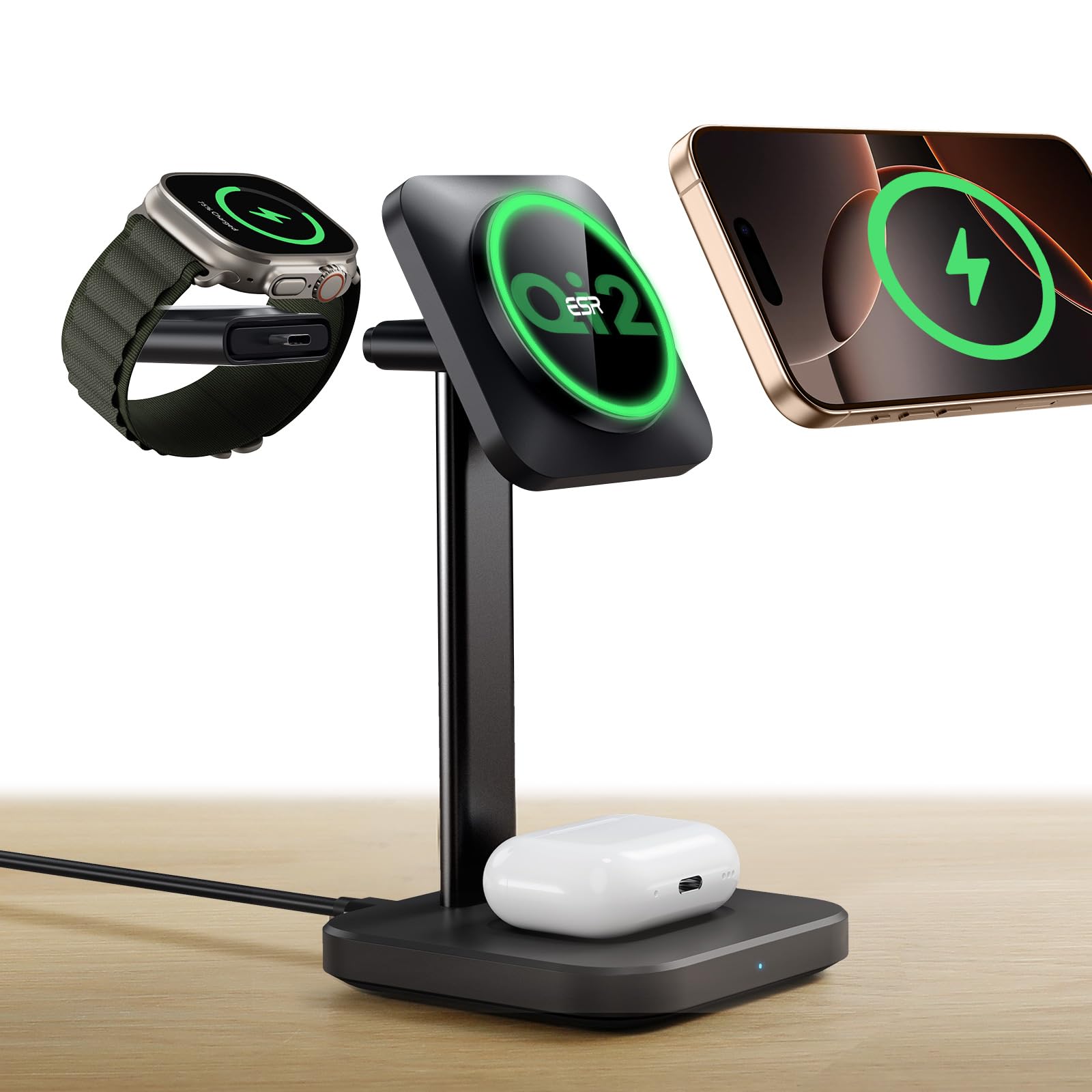 Photo 1 of ESR Qi2 3 in 1 Wireless Charging Station, [Certified] Apple Watch Charger & 15W Qi2 MagSafe Charger Stand for iPhone, Wireless Charger for Multiple Devices iPhone 17/16/15/14/13&Watch&AirPods,Black