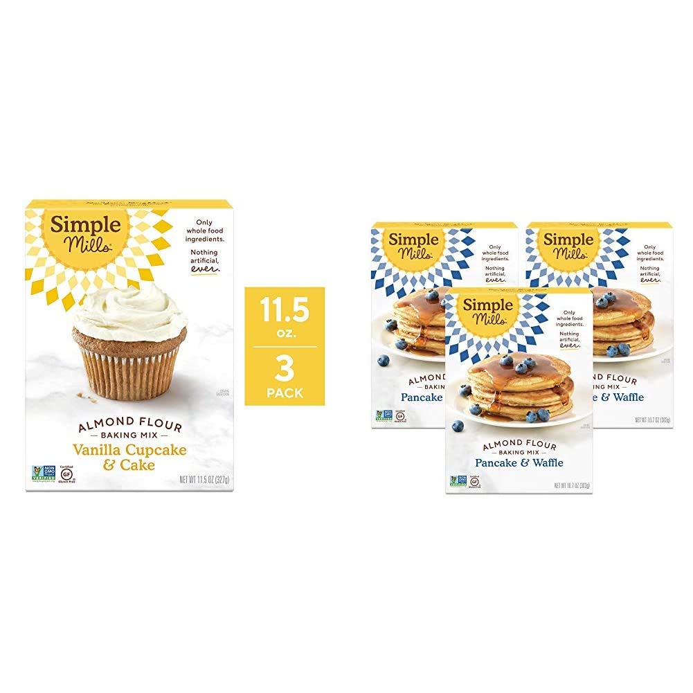 Simple Mills Almond Flour Baking Mix, Gluten Free Vanilla Cake Mix, Muffin pan ready, Made with whole foods 3 Count & Almond Flour Pancake Mix & Waffle Mix, Gluten Free, Made with whole foods, 3 Count