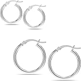 Set of 2 Pair 925 Sterling Silver Hoop Earrings for Women | Bali Double Hoop Earrings Set | Classic Textured Diamond-Cut Click-Top Hoops Earring Gifts for Her