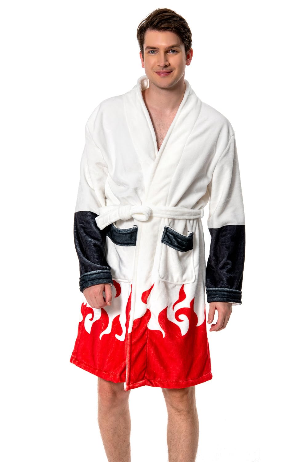 Karnestore Men's Naruto Namikaze Minato Akatsuki Kimono Dressing Gown Fleece Winter Lounge Collar Scarf Pyjamas Sleepwear