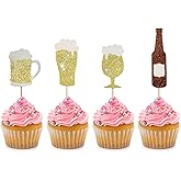 24 PCS Gold Glitter Beer Glass Champagne Cheers Cupcake Toppers for Men Women Birthday Party Oktoberfest Bachelorette Theme Party Wedding Baby Shower Party Cake Decorations Supplies Picks