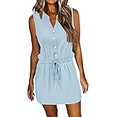 AUSELILY Womens Summer Dresses 2026 Casual V Neck Sleeveless Drawstring Button Mini Dress with Pockets