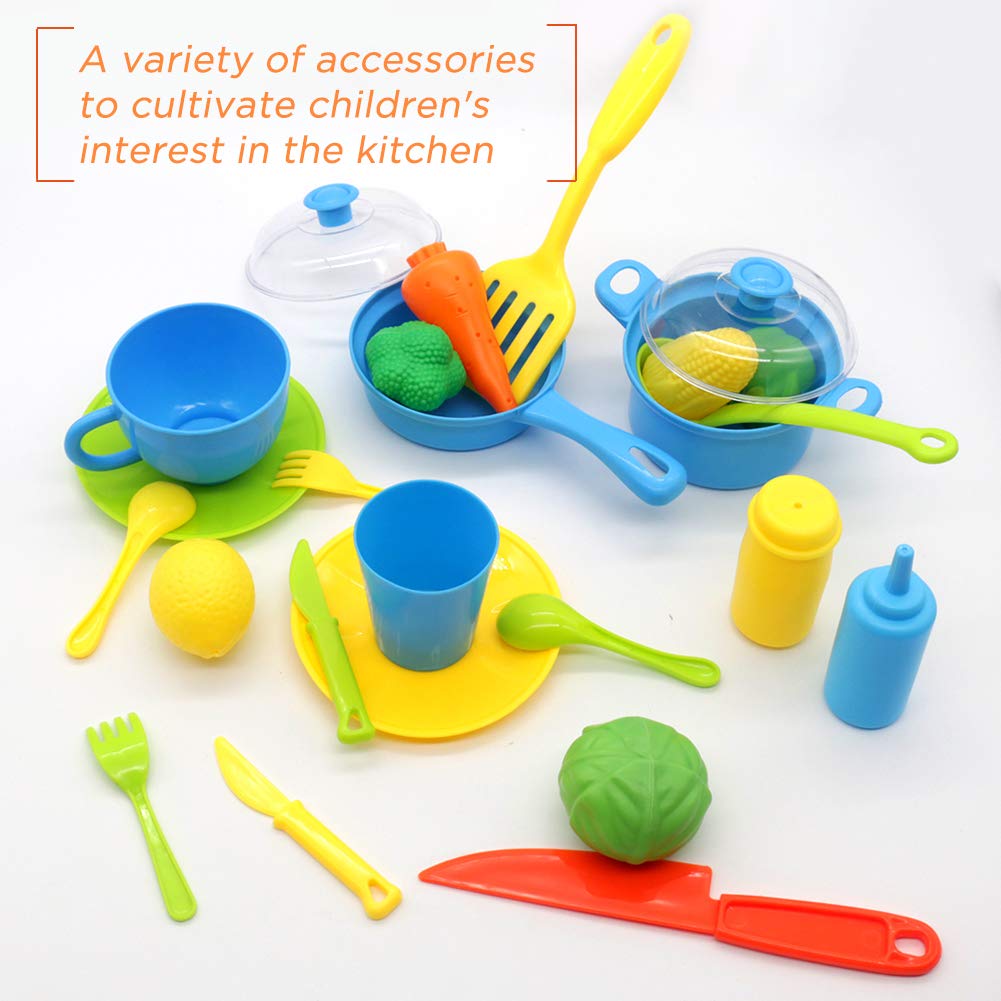 Nuheby Kids Kitchen Toys Cooking Set 34pcs Kitchen Accessories Role Play Toys Educational Toys for Boys Girls Gift Kids for 3 4 5 Year Old with Mini Carry Case 