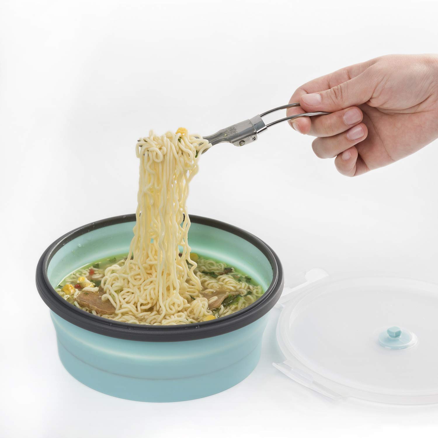 ColorCoral Collapsible Camping Bowl Portable Silicone Bowl with Lid and Fork for Travel Camping Hiking Kitchen Compatible with Freezer and Microwave 1200ML(42oz)