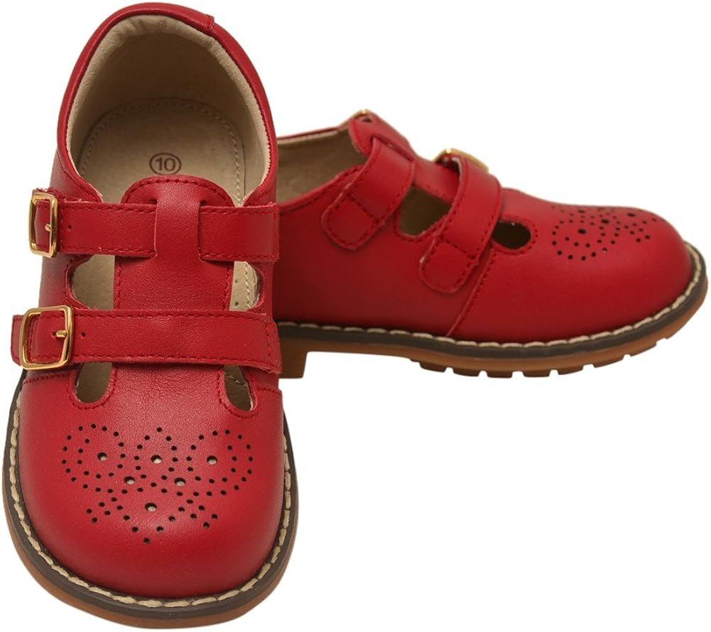 L'Amour Little Girls Red Double TStrap Buckled Leather