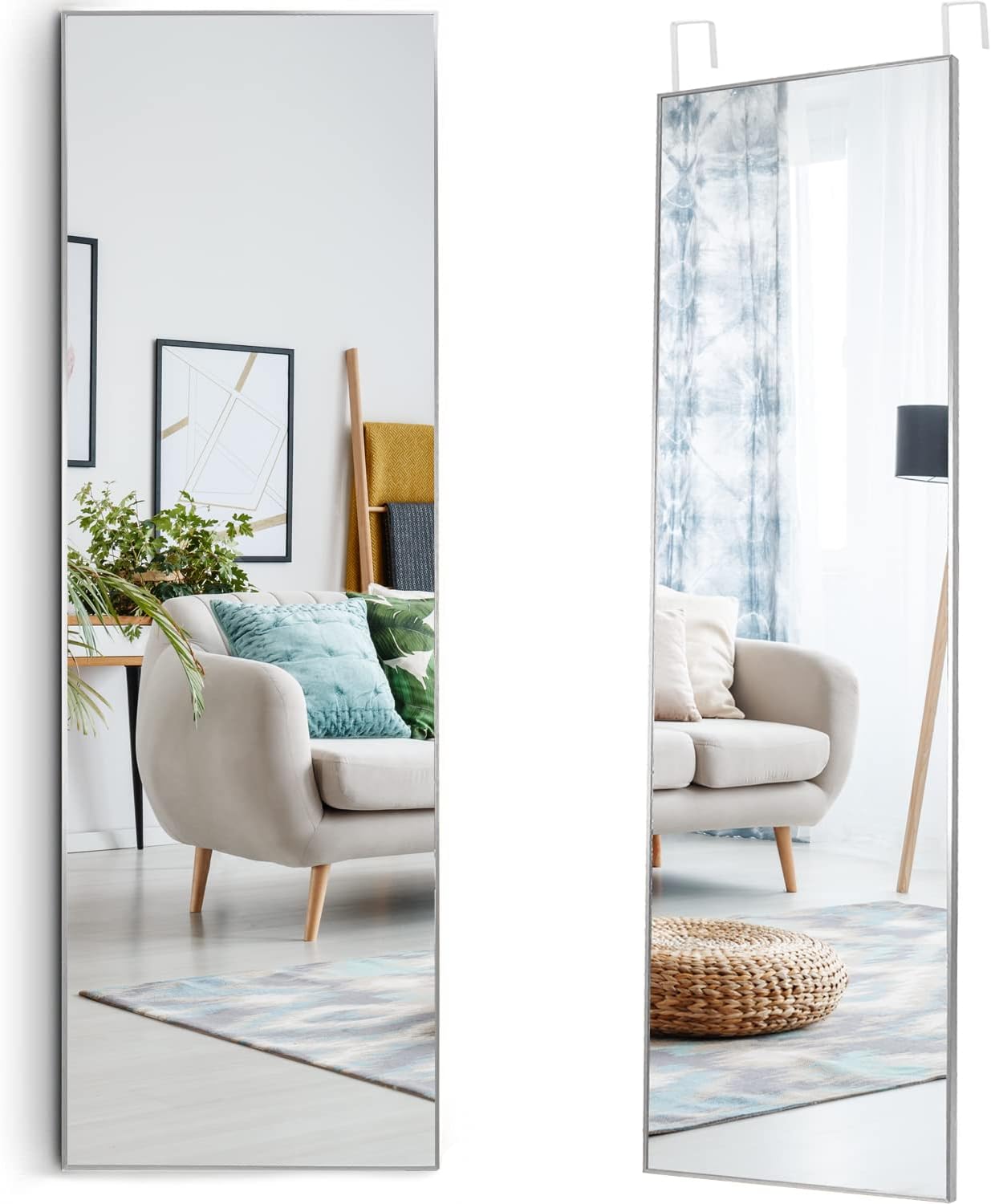 Mirrors - Mirrotek - Full Length Adjustable Over The Door Mirror Siver Aluminum Finish - Hanging Mirror Full Length - Instant Install Long Full Body Mirror for Bedroom, Dorm Room