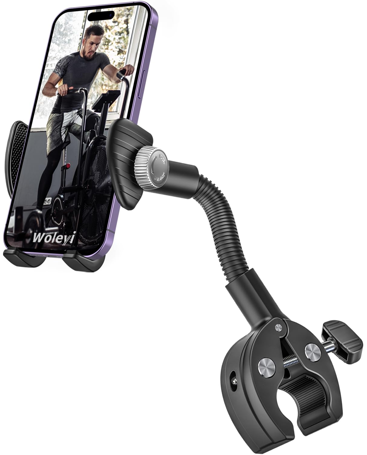 Photo 1 of Gooseneck Spin Bike Phone Holder, Cell Phone Mount Exercise Bike Handlebar Clamp for Stationary Bicycle, Treadmill, Microphone Stand for iPhone 16 Pro Max, 15 14 13 12 11, S24 and 4.7"-6.9" Smartphone