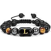 Vinswet Initial Beaded Bracelets for Men,8mm Tiger Eye Obsidian Hematite Triple Protection Bracelet,Handmade Mens Letter Lava Rock Stone Bracelet Stress Relief Yoga Beads Bracelets Adjustable Anti Anxiety Bracelets for Men Women Jewelry Gifts