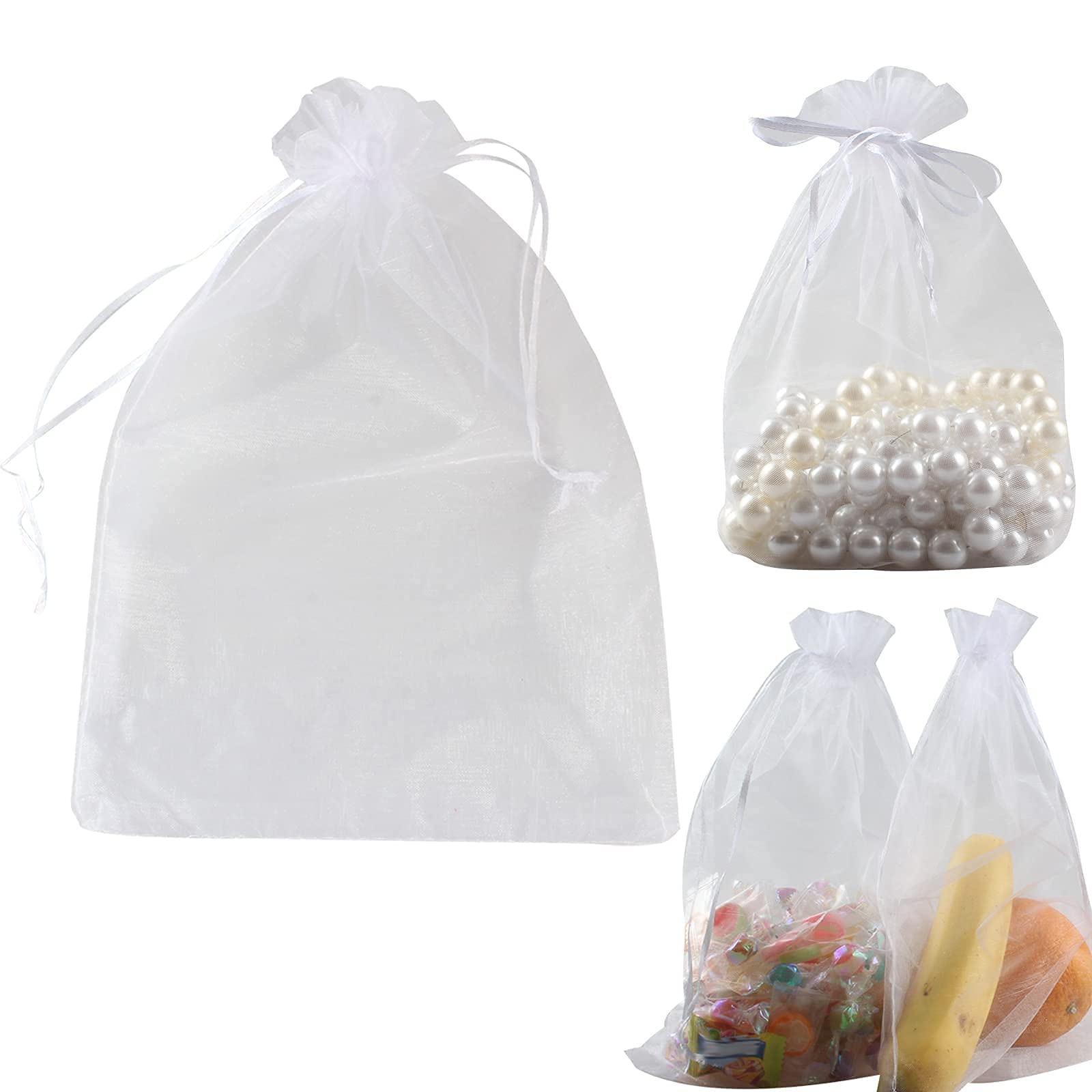 Reccisokz Pack of 50 Organza Gift Bags, 20 x 30 cm/7.9 x 11.8 Inches, Jewellery Drawstring Bags for Birthday and Wedding, Party, Christmas, Gift Packaging (White)
