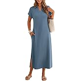 MEROKEETY Women's Summer Casual Maxi Dress 2026 Cap Sleeve V Neck Collared Beach Vacation T Shirt Long Dresses