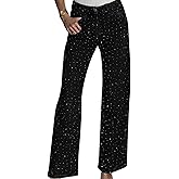 VJMVJM Womens High Waisted Rhinestone Jeans Straight Wide Leg Denim Pants Sparkly Glitter Bling Baggy Trousers