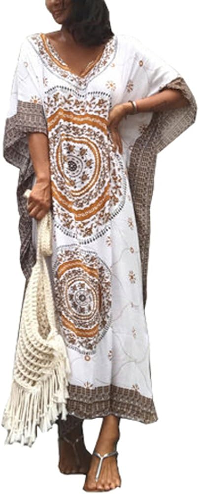 FreestyleMo Women's Oversized Maxi Kimono Ethnic Print Bikini Cover Ups Beach Kaftan Dress (One Size, Khaki)