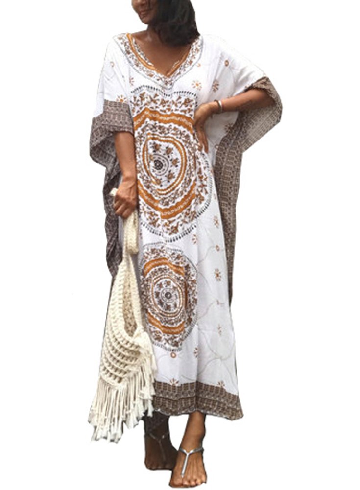 FreestyleMo Women's Oversized Maxi Kimono Ethnic Print Bikini Cover Ups Beach Kaftan Dress (One Size, Khaki)