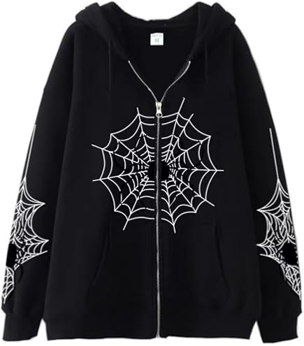 Aobiono Women Men Y2K Zip Up Hoodie Oversized Jacket Gothic Spider