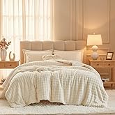 Flannel Fluffy Comforter Set - 3 Pieces Faux Rabbit Short Fur Bedding SetUltra Soft Warm Winter Sherpa Bedding Set for Girls Women, Fleece Comforter Bed Set & 2 Pillow Shams Queen Cream White