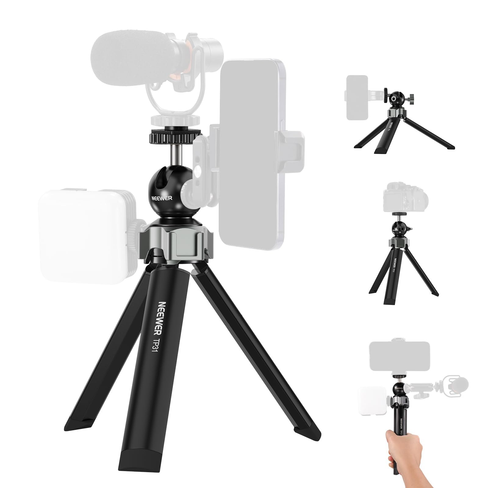 NEEWER Mini Desk Tripod Compatible with iPhone Gopro DJI Phone DSLR Camera, with Ball Head 360° Rotatable 3 Cold Shoe Mounts, Metal Portable Table Tripod for Travel Vlogging Recording, TP31