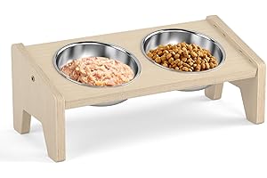 MEOWHOMM Elevated Cat Bowl, 15° Tilted Wooden Cat Bowl Stand with 2 Stainless Bowls for Food and Water, Food Bowls Stand for Indoor Cats