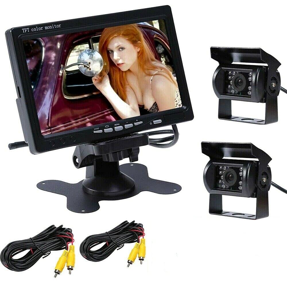 Multibao Reversing Camera Kit，12-24V 2x 18LEDs Waterproof Night Vision Reverse Rear View Camera with 2x Aviation Cable +7" TFT HD LCD Car Monitor for Large For Car/Trucks/Caravans/Buses