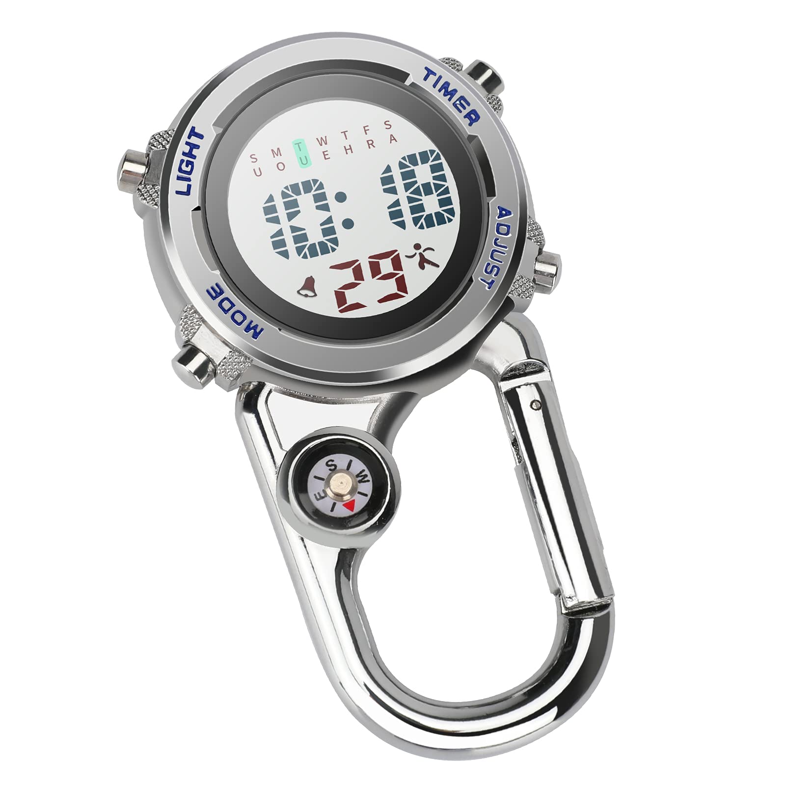 Aceshop Carabiner Watch Digital Clip on Quartz Watch Multifunctional Carabiner FOB Watch Luminous Face Compass Carabiner Watch with Compass for Doctors Nurses Paramedics Chefs Sport Unisex (Blue)