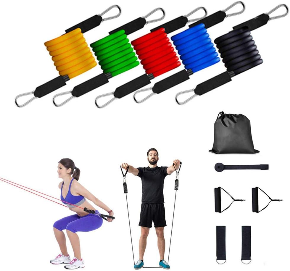 Sdoveb 11pcs Resistance Band Set, Workout Bands with Foam Handles, Ankle Straps with Door Anchor Attachment, Portable Carry Bag for Resistance Training, Home Workouts