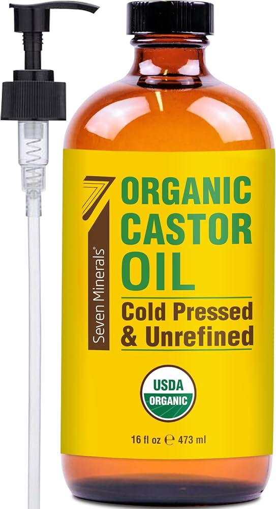 Seven Minerals USDA Organic Castor Oil - Big 16 oz Glass Bottle with Pump - 100% Pure Cold Pressed Unrefined Hexane Free - fo