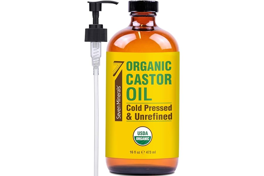 Seven Minerals New 16 fl oz Glass Bottle Castor Oil Organic Cold Pressed Unrefined Glass Bottle Pack – 100% Pure USDA Certified Organic Hexane Free