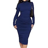 Ekaliy Women's Ruched Bodycon Midi Dress Mock Neck Long Sleeves Party Club Dresses