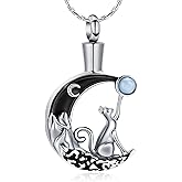 constantlife Cat Moon Urn Necklace for Women Pet Cremation Jewelry for Ashes Stainless Steel Pendant Funeral Keepsake Loved Ones Memorial Gift