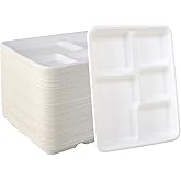 Vplus 100% Compostable 5 Compartment Plates 125 Pack Eco-Friendly Disposable Sugarcane 10 x 8 inch Bagasse School Lunch Tray Perfect for Boys and Girls
