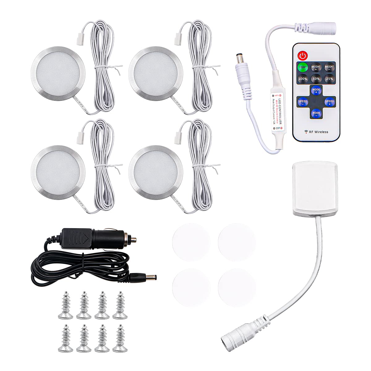 NUZAMAS Pack of 4 Linkable Under Cabinet LED Lightings - Dimmable Puck Lights, Cupboard Lights Under Counter Lights for Closet Showcase Bookshelf Wardrobe White 6400K, Caravan, Truck,Surface Mounted