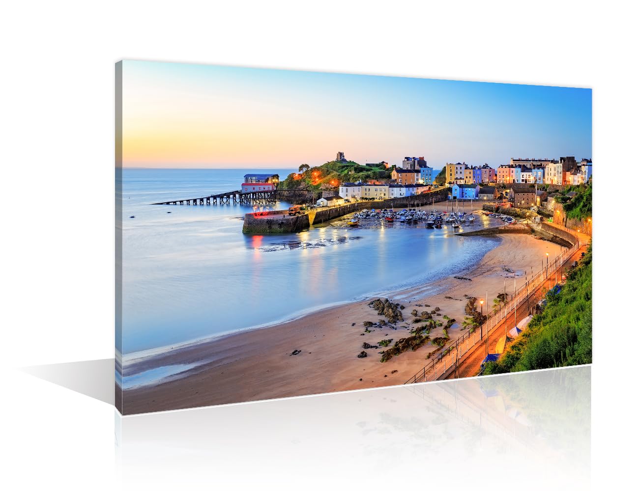 Bathroom Decor Wall Art Sunrise Wall Paintings 1 Piece Tenby Harbour Pembrokeshire Wales UK Wall Decoration for Living Room Decor Wall Pictures Stretched and Framed Ready to Hang (16''Wx 24''H)