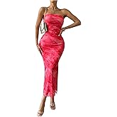 GORGLITTER Women's Floral Strapless Bodycon Wedding Guest Dress Vacation Summer Birthday Tropical Maxi Long Sun Dresses Light Pink Floral Medium