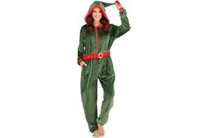 FantastCostumes Women's Fleece Christmas Elf Costume Pajamas Onesie for Adult