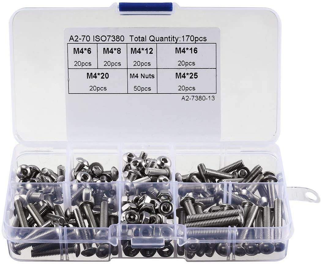 DollaTek 170Pcs M4 304 Stainless Steel Allen Hex Drive Button Head Socket Cap Bolts Screws Nuts Assortment Kit (M4)