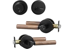 YAGU Wooden Round Entry Lever Door Handle and Single Cylinder Deadbolt Locking Lever Handle Set Pack of 1 [Front Door or Office] Right & Left Sided Doors Heavy Duty – Matte Black Finish
