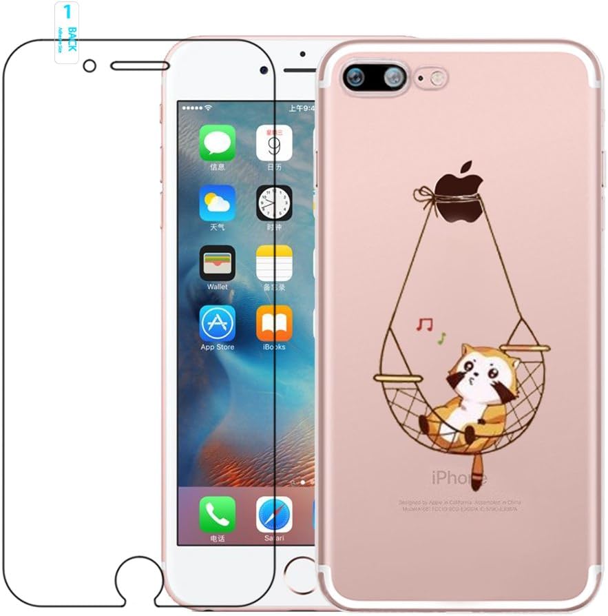 blossom01 iPhone 7 Case, iPhone 8 Case with Tempered Glass Screen Protector, Crystal Clear Soft Silicone Gel TPU Case Cute Cartoon Scratch Resistant Protective Cover for iPhone 7/8 - Cat