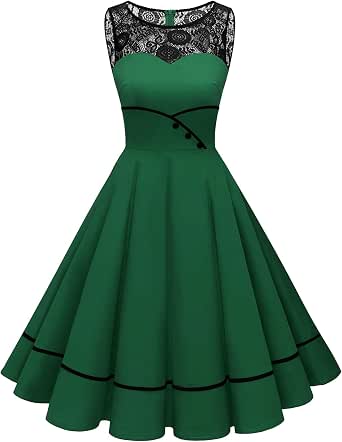 Women's 50s Vintage Floral Lace Swing Dress - Rockabilly Cocktail Party Dress, Sleeveless, Dark Green, Medium - View #4