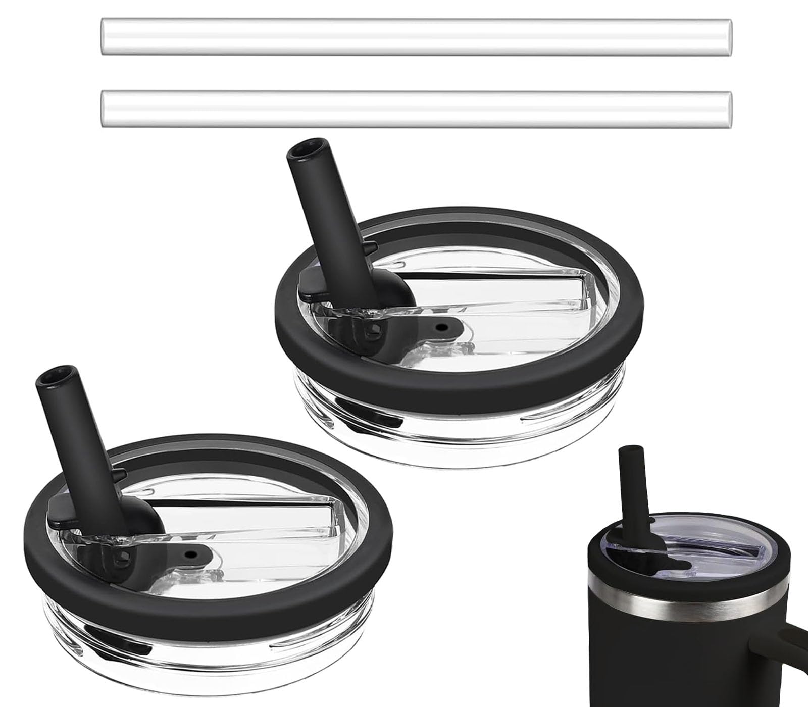 Photo 1 of 2 Pack 30 oz Tumbler Flip Straw Lid Replacement Compatible for Stanley Quencher, Leak Proof Lid Replacement for 30 OZ Stanley H2.0 FlowState Tumbler,Spill Proof Splash Reusable (Transparent Black)